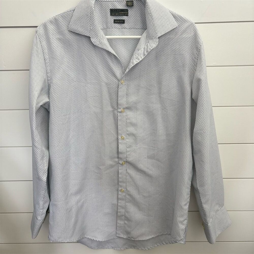 Black Label by‎ Ruffini Men's Gray Polka Dot Slim Fit Dress Shirt M